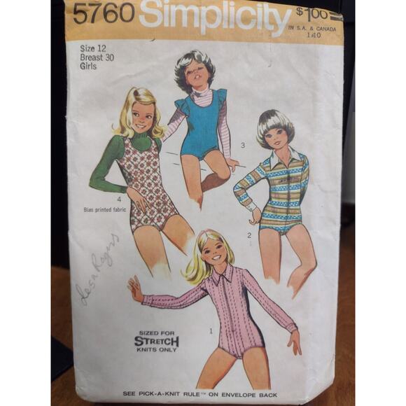 Vintage Simplicity Pattern 5760 Child's & Girls' Set of Bodysuits Size 12 (1973) - Picture 1 of 2